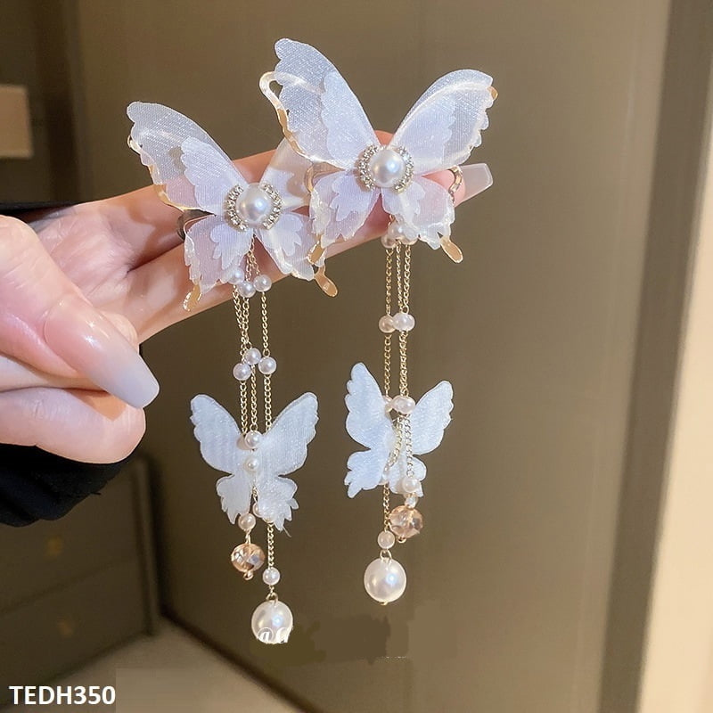 TEDH350 YBJ Butterfly Net Tassel Ear Drop Earrings Pair